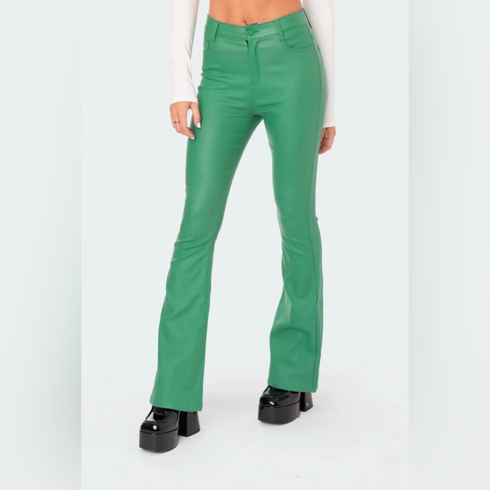 Edikted Vibrant Faux Leather Green Flare Pants